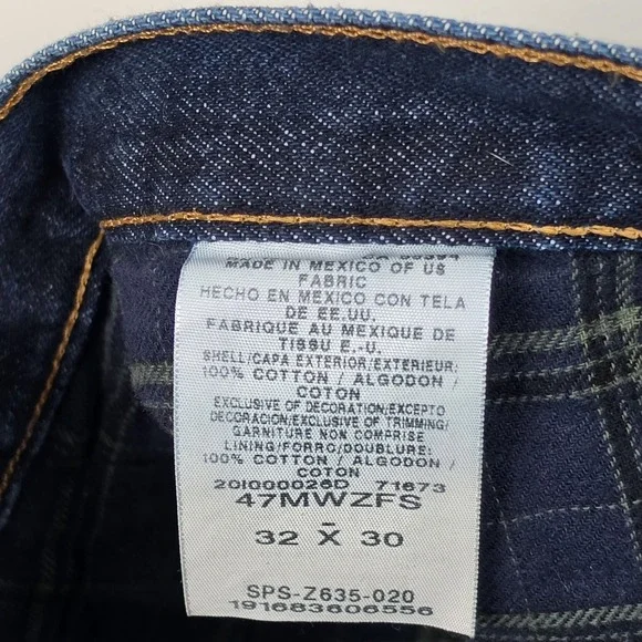 Wrangler 47MWZ Plaid Flannel Lined Jeans Dark Wash Regular Fit Mens 32x30 - Picture 7 of 12